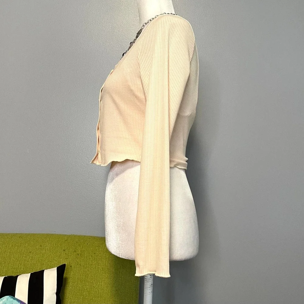 BP Cream Ribbed Crop Top Twin Set Tank & Long Sleeve Button Up NEW Small - Picture 3 of 6